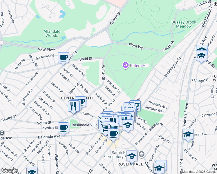 map of restaurants, bars, coffee shops, grocery stores, and more near 23-25 Primrose Street in Boston
