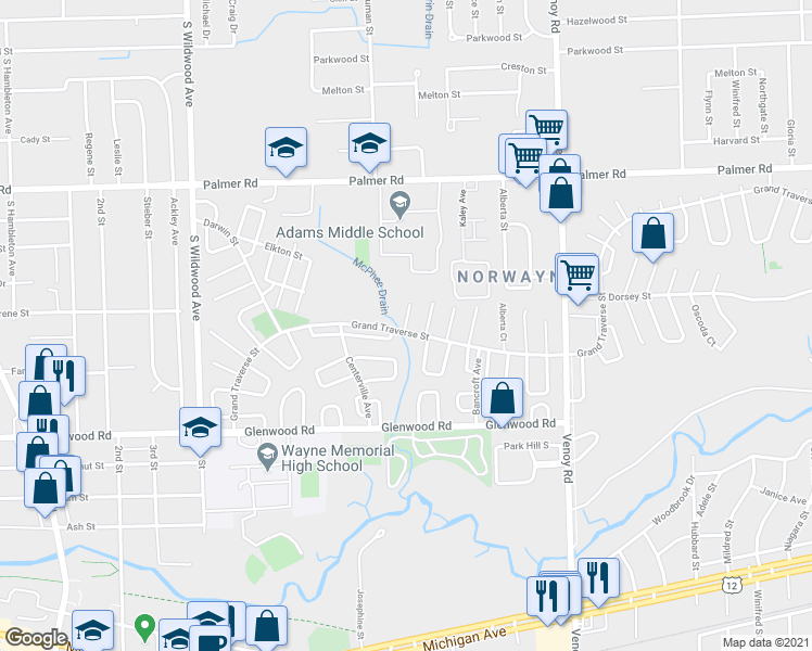 map of restaurants, bars, coffee shops, grocery stores, and more near 33584 Berville Ct in Westland