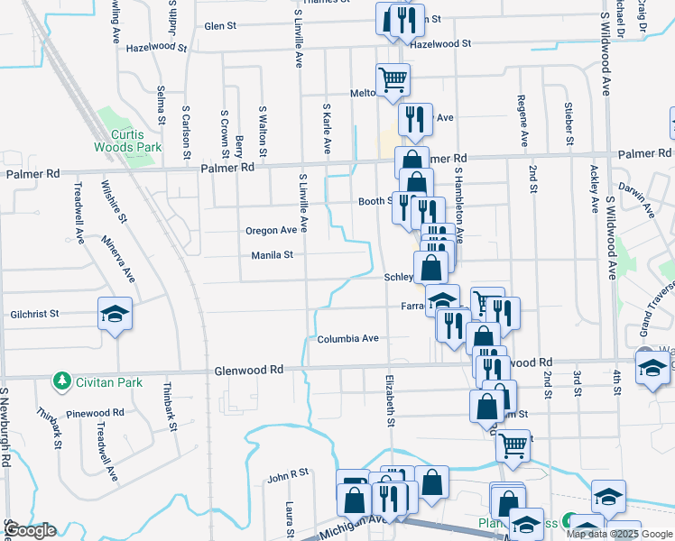 map of restaurants, bars, coffee shops, grocery stores, and more near 35653 Schley Street in Westland