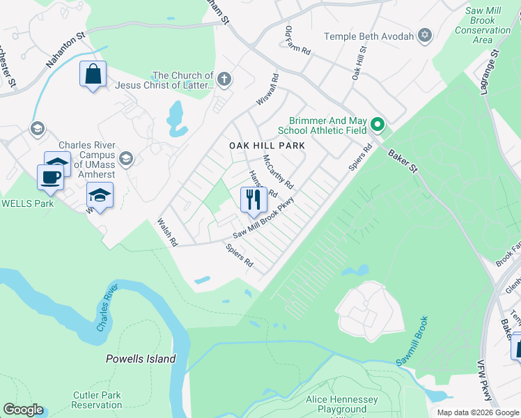 map of restaurants, bars, coffee shops, grocery stores, and more near 655 Saw Mill Brook Parkway in Newton