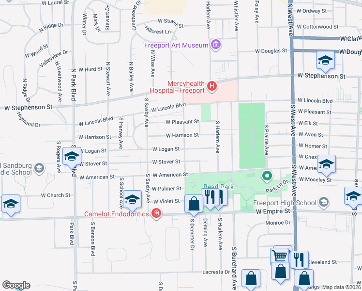 map of restaurants, bars, coffee shops, grocery stores, and more near 720 South McKinley Avenue in Freeport