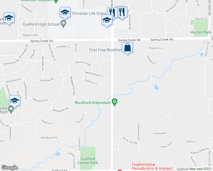 map of restaurants, bars, coffee shops, grocery stores, and more near 5953 Shelford Lane in Rockford