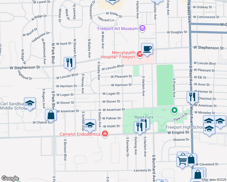 map of restaurants, bars, coffee shops, grocery stores, and more near 1232 West Stover Street in Freeport