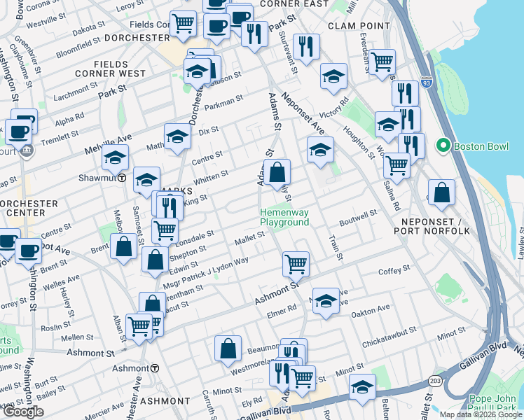 map of restaurants, bars, coffee shops, grocery stores, and more near 540 Adams Street in Boston