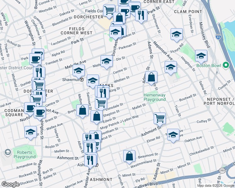 map of restaurants, bars, coffee shops, grocery stores, and more near 47 Semont Road in Boston