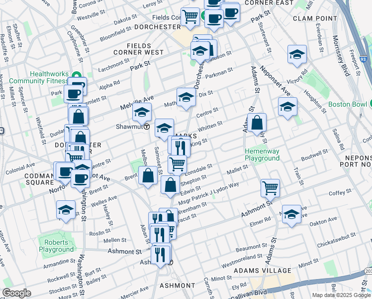 map of restaurants, bars, coffee shops, grocery stores, and more near 1726 Dorchester Avenue in Boston