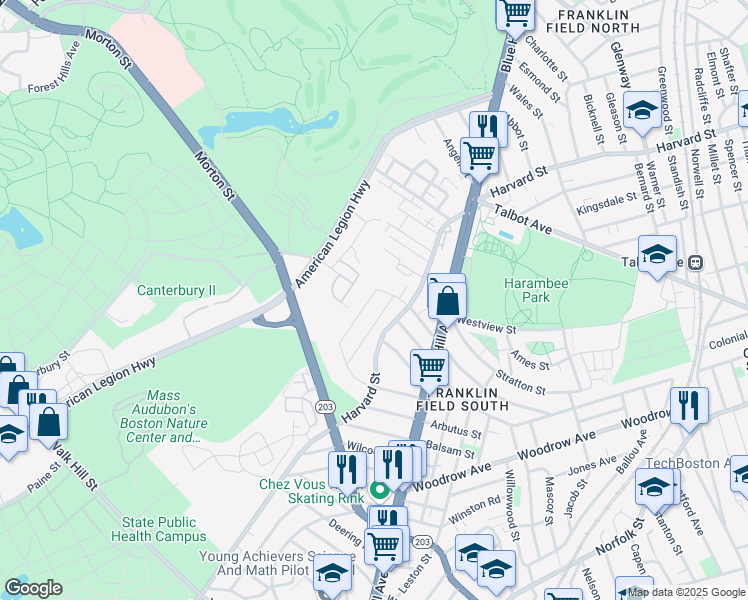 map of restaurants, bars, coffee shops, grocery stores, and more near 13 Snowden Way in Boston