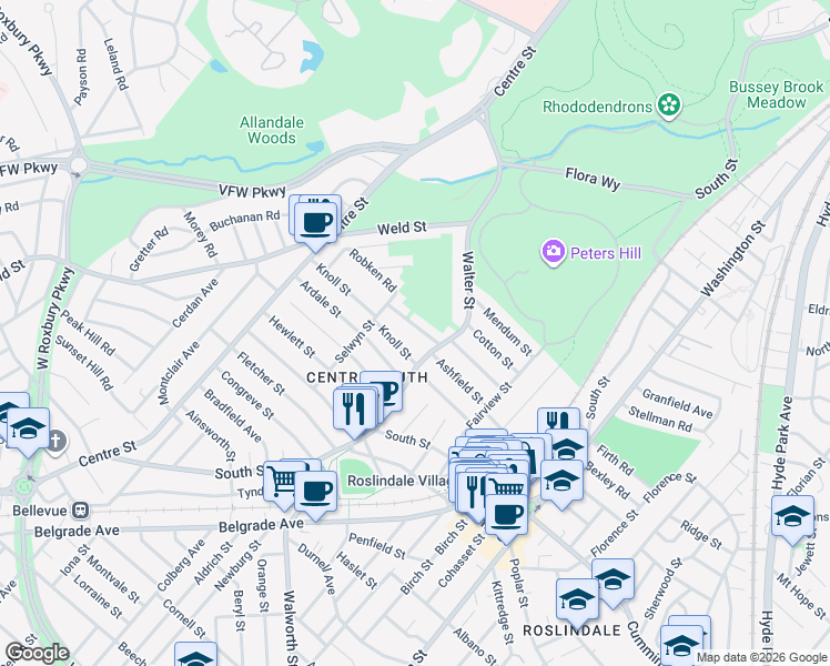 map of restaurants, bars, coffee shops, grocery stores, and more near 10 Knoll Street in Boston