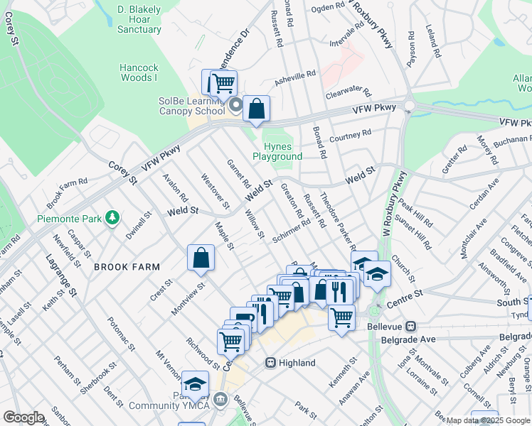 map of restaurants, bars, coffee shops, grocery stores, and more near 126 Redlands Road in Boston