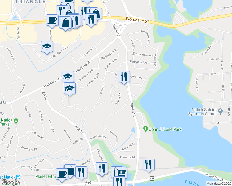 map of restaurants, bars, coffee shops, grocery stores, and more near 21 Fairway Circle in Natick