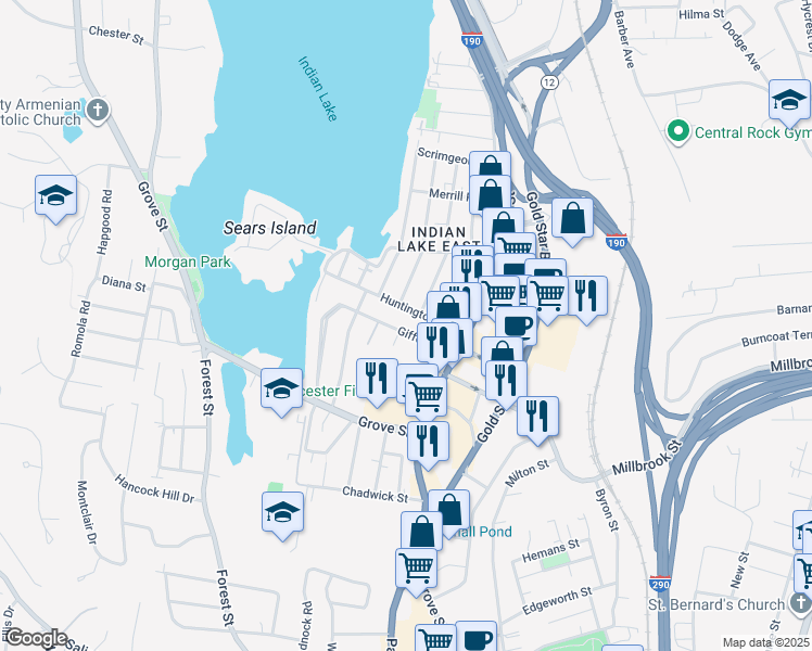 map of restaurants, bars, coffee shops, grocery stores, and more near 23 Gifford Drive in Worcester