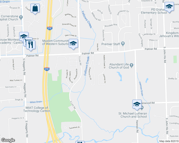 map of restaurants, bars, coffee shops, grocery stores, and more near 1995 Preserve Circle East in Canton