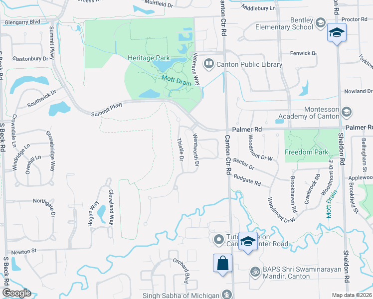 map of restaurants, bars, coffee shops, grocery stores, and more near 1693 Thistle Drive in Canton
