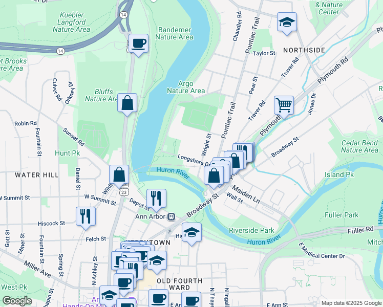 map of restaurants, bars, coffee shops, grocery stores, and more near 412 Longshore Drive in Ann Arbor