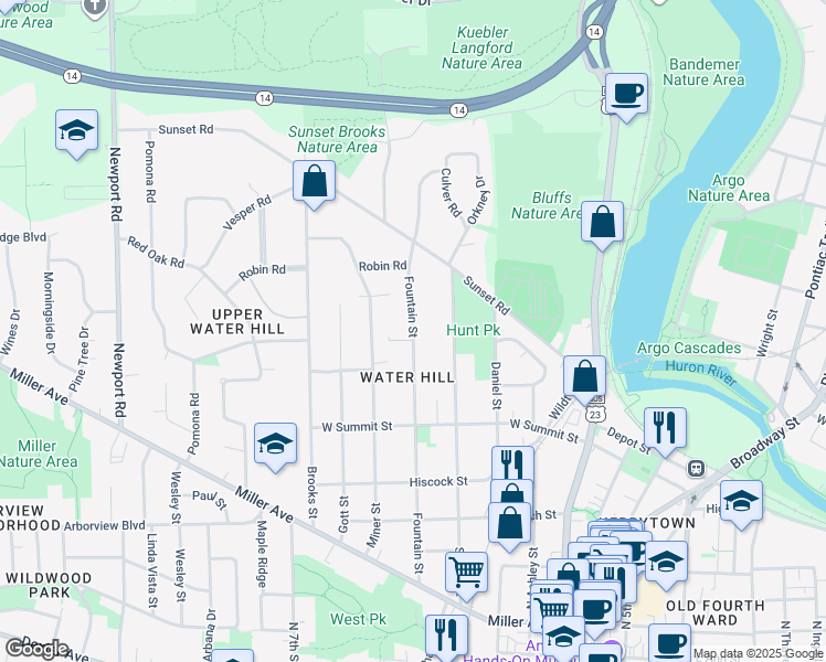 map of restaurants, bars, coffee shops, grocery stores, and more near 1004 Fountain Street in Ann Arbor