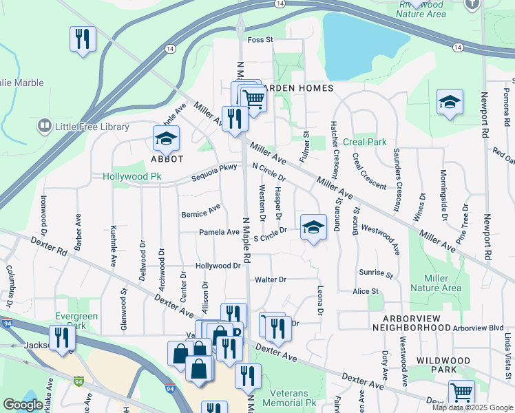 map of restaurants, bars, coffee shops, grocery stores, and more near 1024 Western Drive in Ann Arbor