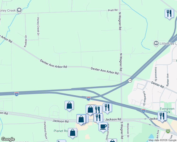 map of restaurants, bars, coffee shops, grocery stores, and more near 3750 Elizabeth Road in Ann Arbor
