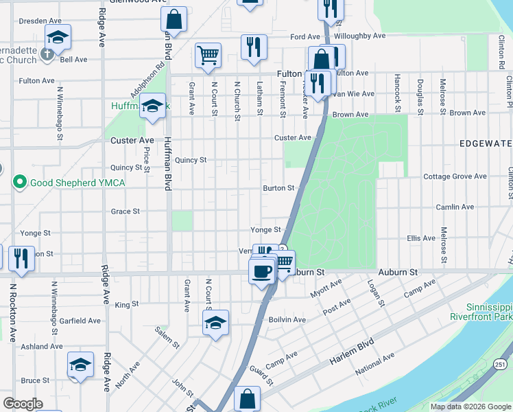 map of restaurants, bars, coffee shops, grocery stores, and more near 1713 North Church Street in Rockford