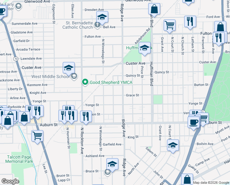 map of restaurants, bars, coffee shops, grocery stores, and more near 1716 Carney Avenue in Rockford