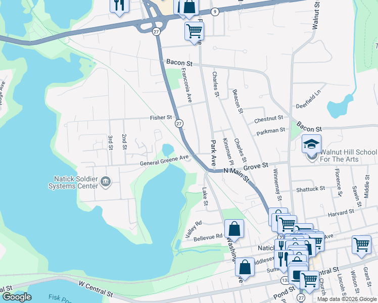 map of restaurants, bars, coffee shops, grocery stores, and more near 5 Kansas Street in Natick