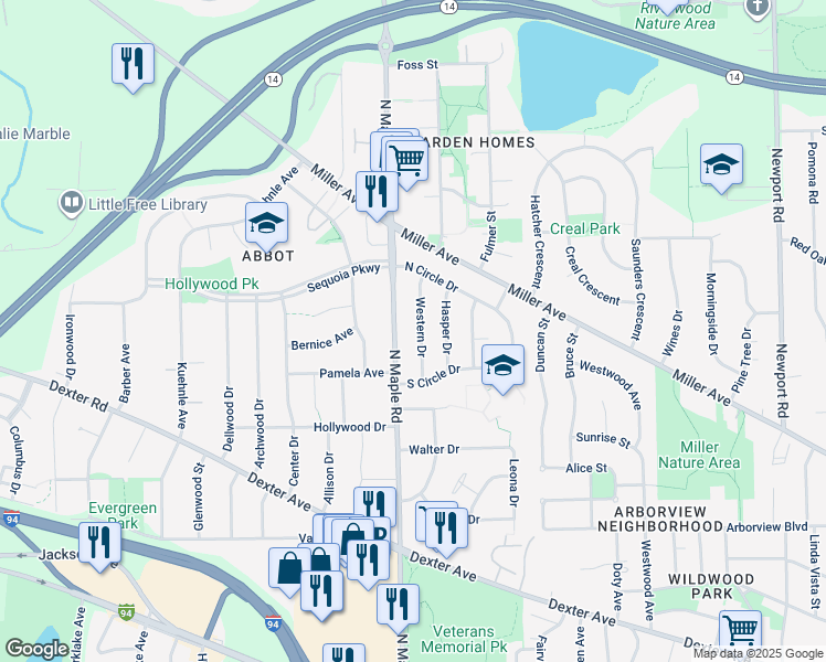 map of restaurants, bars, coffee shops, grocery stores, and more near 1024 Western Drive in Ann Arbor