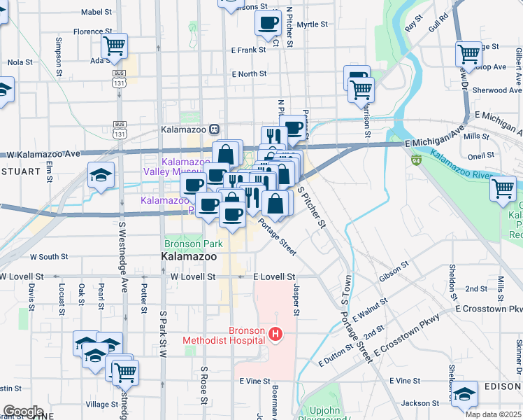 map of restaurants, bars, coffee shops, grocery stores, and more near 241 East Michigan Avenue in Kalamazoo