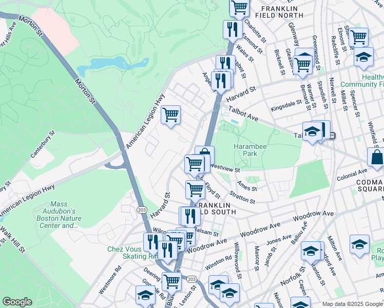 map of restaurants, bars, coffee shops, grocery stores, and more near 332 Harvard Street in Boston