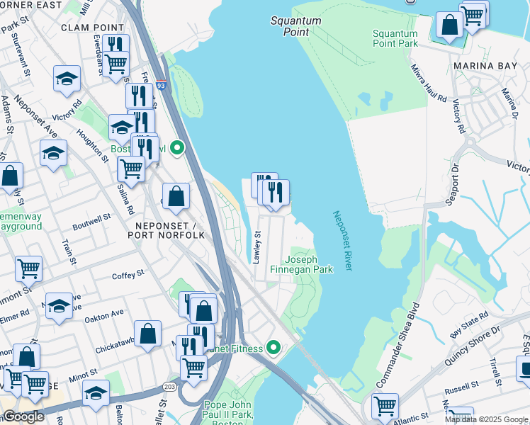 map of restaurants, bars, coffee shops, grocery stores, and more near 6R Ericsson Street in Boston