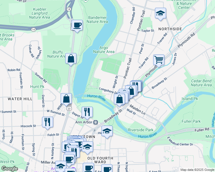 map of restaurants, bars, coffee shops, grocery stores, and more near 420 Kellogg Street in Ann Arbor