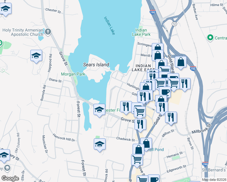 map of restaurants, bars, coffee shops, grocery stores, and more near 32 Indian Lake Parkway in Worcester