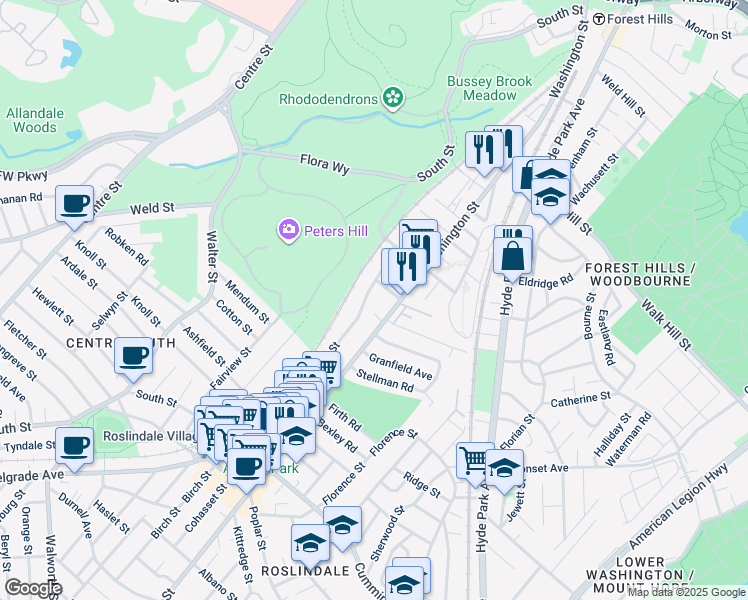 map of restaurants, bars, coffee shops, grocery stores, and more near 603 South Street in Boston