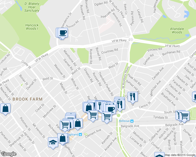 map of restaurants, bars, coffee shops, grocery stores, and more near 160 Theodore Parker Road in Boston