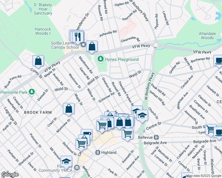 map of restaurants, bars, coffee shops, grocery stores, and more near 140 Russett Road in Boston