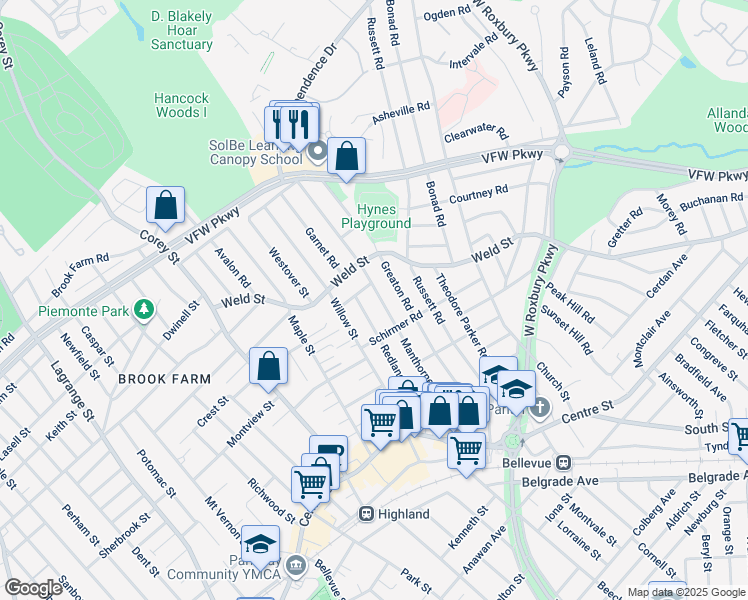 map of restaurants, bars, coffee shops, grocery stores, and more near 36 Alameda Road in Boston