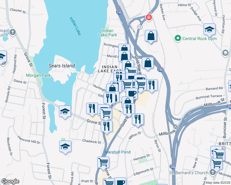 map of restaurants, bars, coffee shops, grocery stores, and more near 4 Loring Street in Worcester