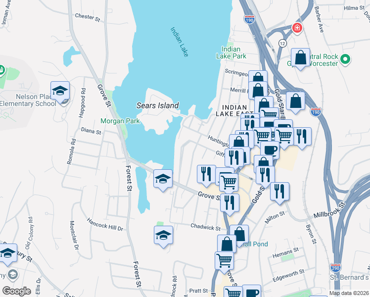 map of restaurants, bars, coffee shops, grocery stores, and more near 45 Indian Lake Parkway in Worcester