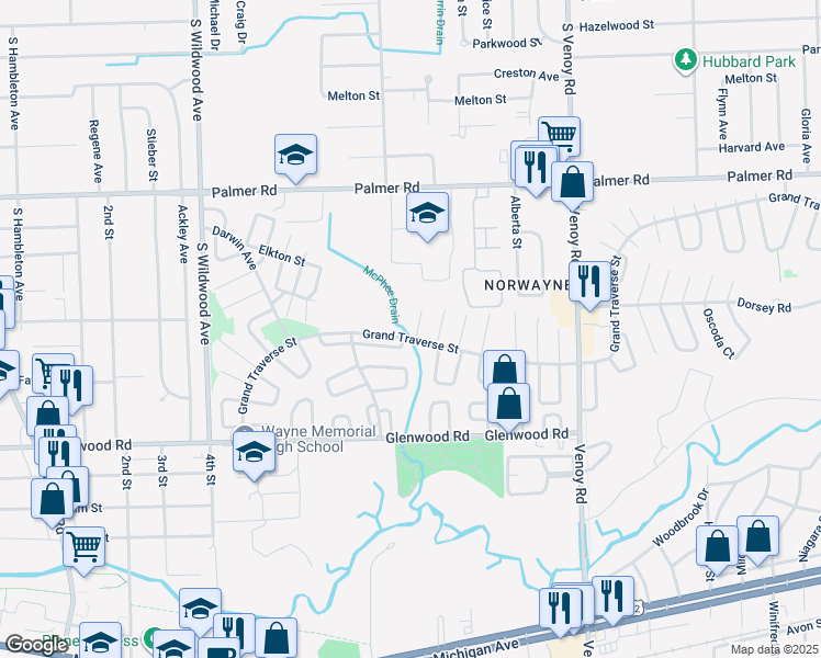 map of restaurants, bars, coffee shops, grocery stores, and more near 33572 Berville Court in Westland