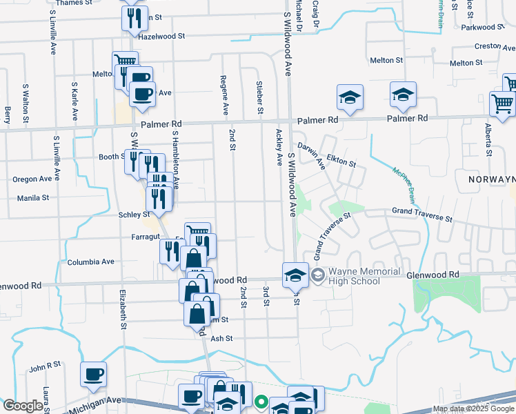 map of restaurants, bars, coffee shops, grocery stores, and more near 2264 Stieber Street in Westland