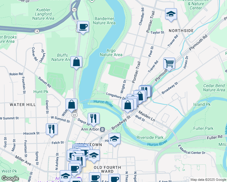 map of restaurants, bars, coffee shops, grocery stores, and more near 420 Kellogg Street in Ann Arbor