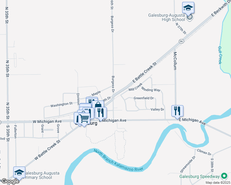 map of restaurants, bars, coffee shops, grocery stores, and more near 132 Maple in Galesburg