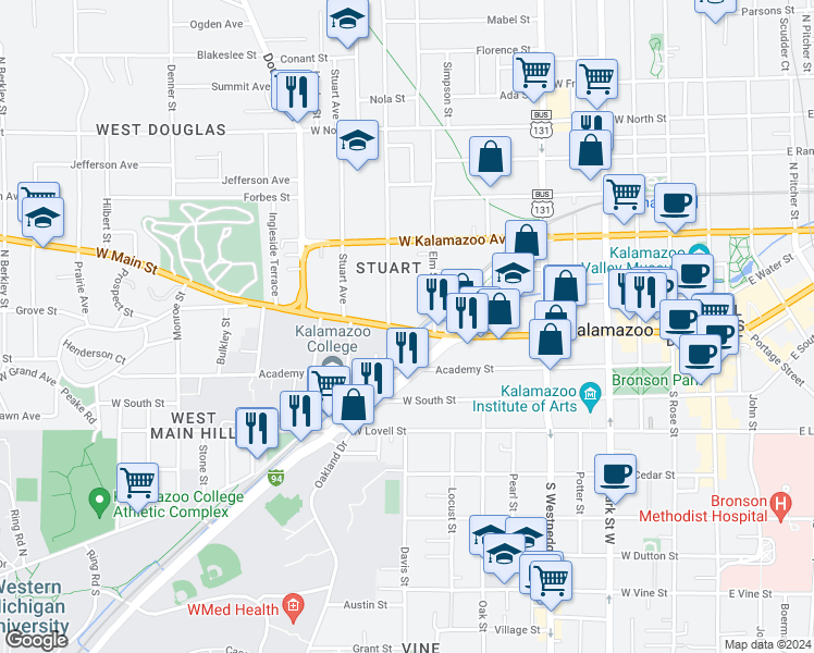 map of restaurants, bars, coffee shops, grocery stores, and more near 127 Elm Street in Kalamazoo
