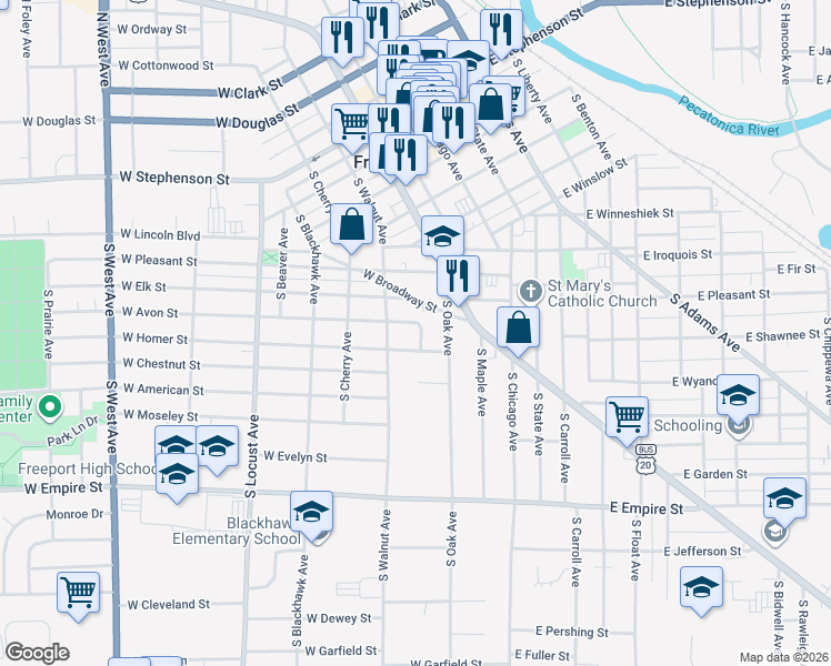 map of restaurants, bars, coffee shops, grocery stores, and more near 236 2361/2 West Broadway Street in Freeport