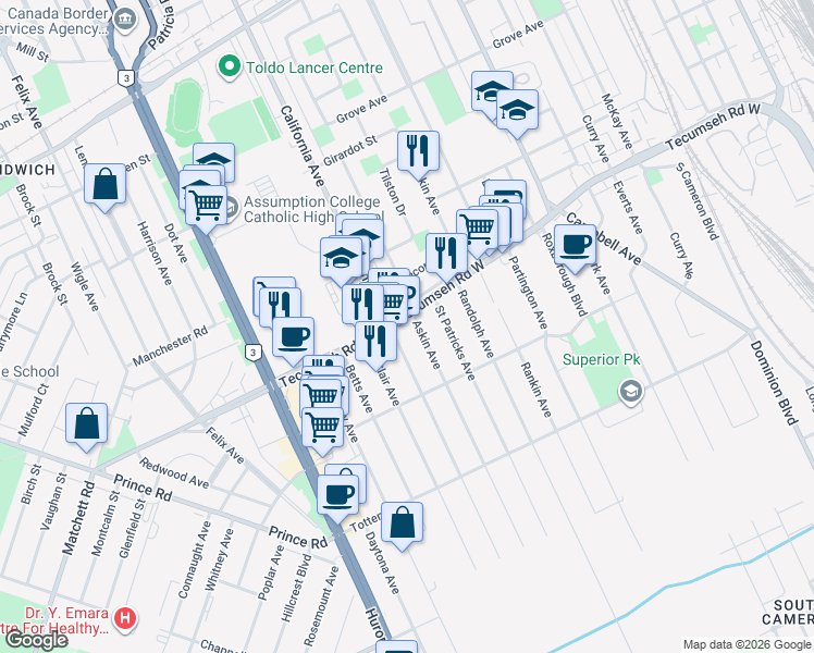 map of restaurants, bars, coffee shops, grocery stores, and more near 2385 Tecumseh Road West in Windsor