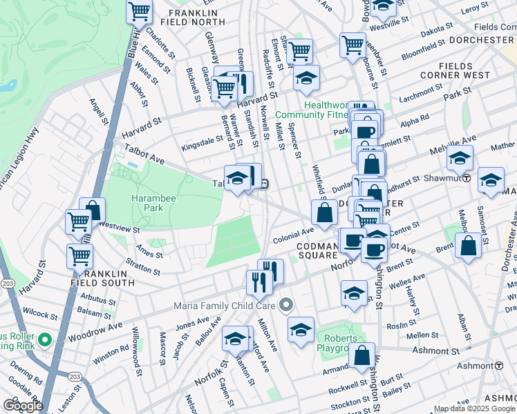 map of restaurants, bars, coffee shops, grocery stores, and more near 193 Talbot Avenue in Boston
