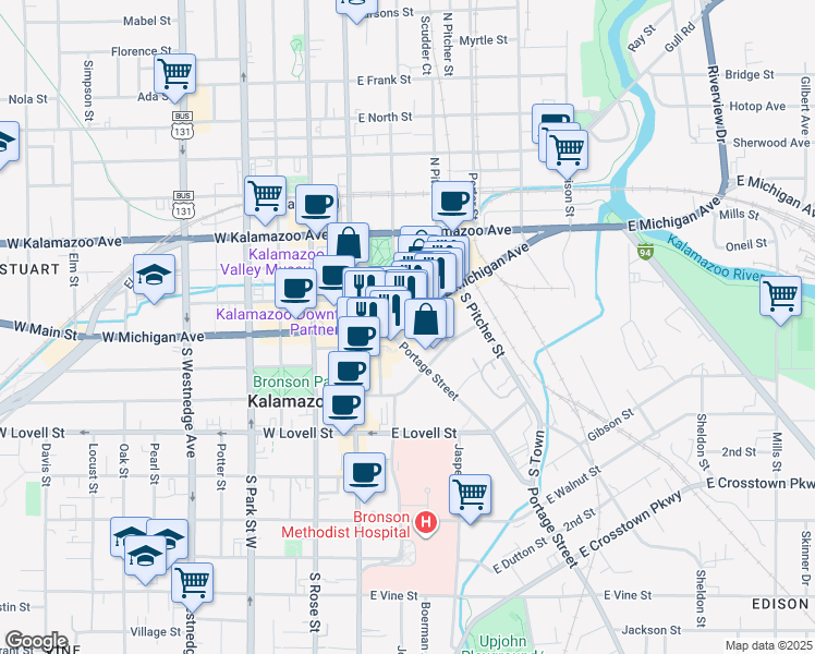 map of restaurants, bars, coffee shops, grocery stores, and more near 241 East Michigan Avenue in Kalamazoo