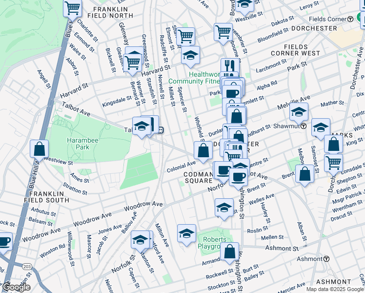 map of restaurants, bars, coffee shops, grocery stores, and more near 131 Spencer Street in Boston