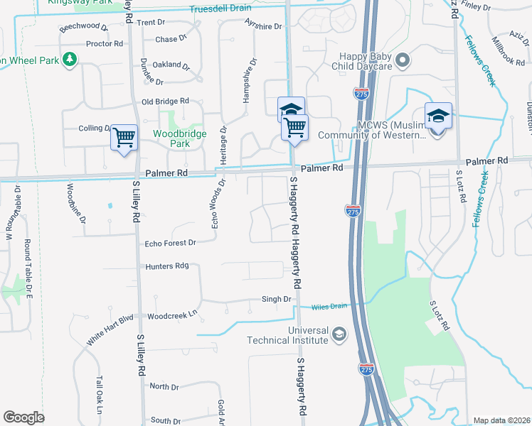 map of restaurants, bars, coffee shops, grocery stores, and more near 2238 Lone Wolf Lane in Canton