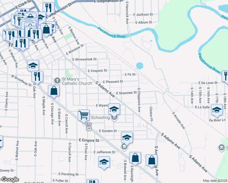 map of restaurants, bars, coffee shops, grocery stores, and more near 710 South Kenwood Avenue in Freeport