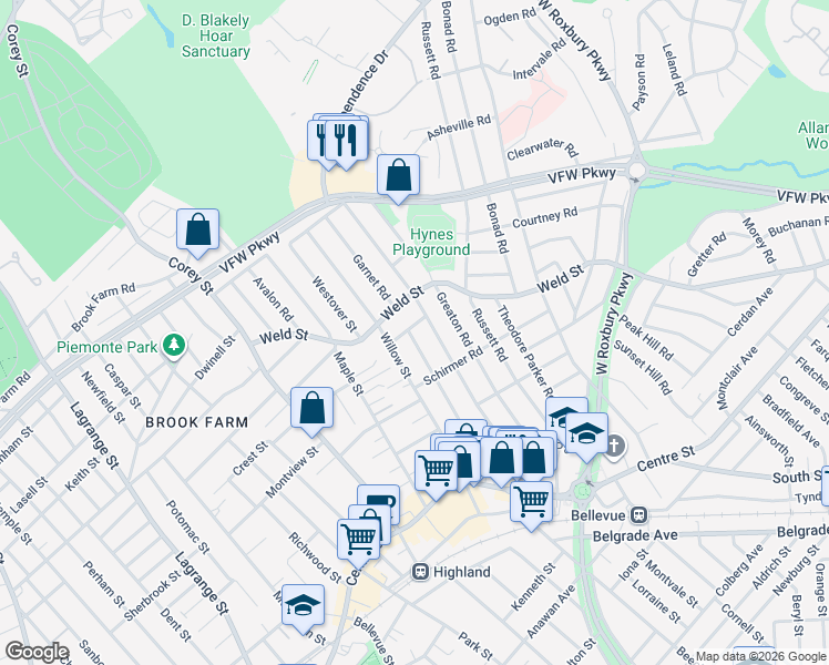 map of restaurants, bars, coffee shops, grocery stores, and more near 21 Alameda Road in Boston