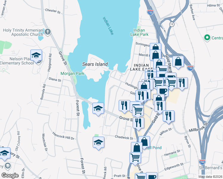 map of restaurants, bars, coffee shops, grocery stores, and more near 56 Indian Lake Parkway in Worcester